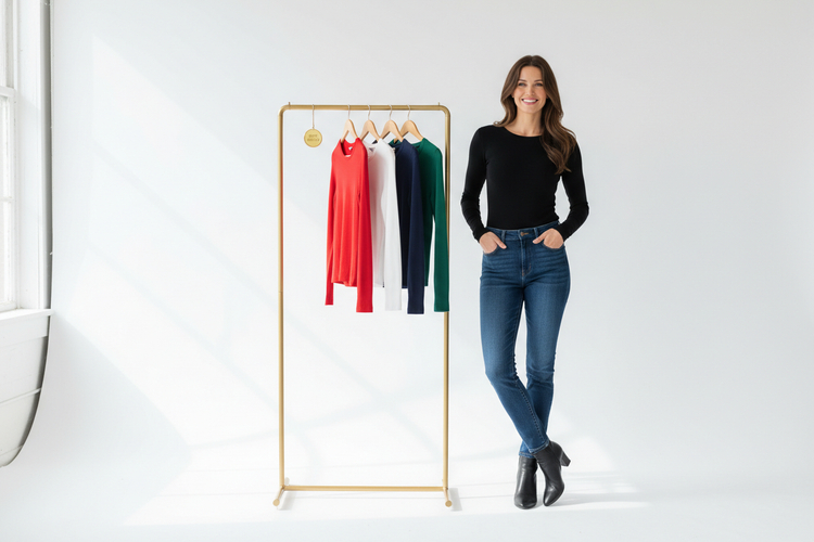 Stylish American woman wearing a classic black best-selling top with a collection of popular tops displayed beside her at LuxeTops